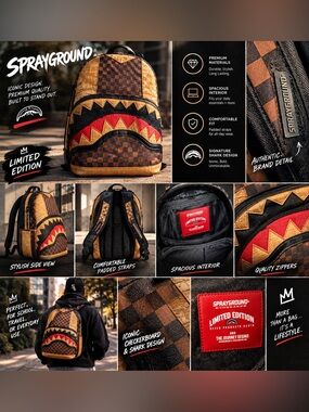 Sprayground Brown Checkerboard Shark Backpack with Red Accent